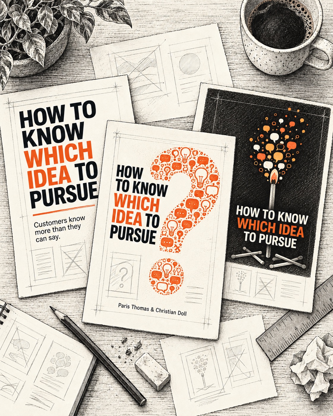 Illustrated cover concepts for How to Know Which Idea to Pursue on a book-design workbench.