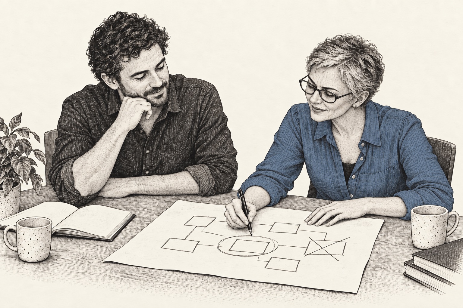Our illustrated customer correcting a sketch at the shared table.